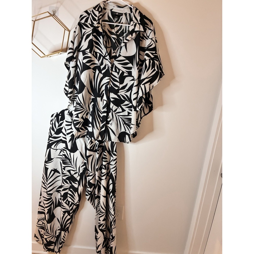 Ashley Stewart Plus 22/24 Palm Leaf Print Kaftan Top Pant Set
